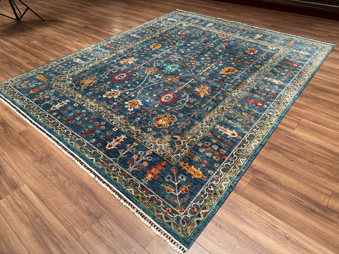 Sultani Çiçekli Orijinal El Dokuması Mavi Kök Boya Yün Halı 247x302 7.46 Metrekare - 8x10 ft