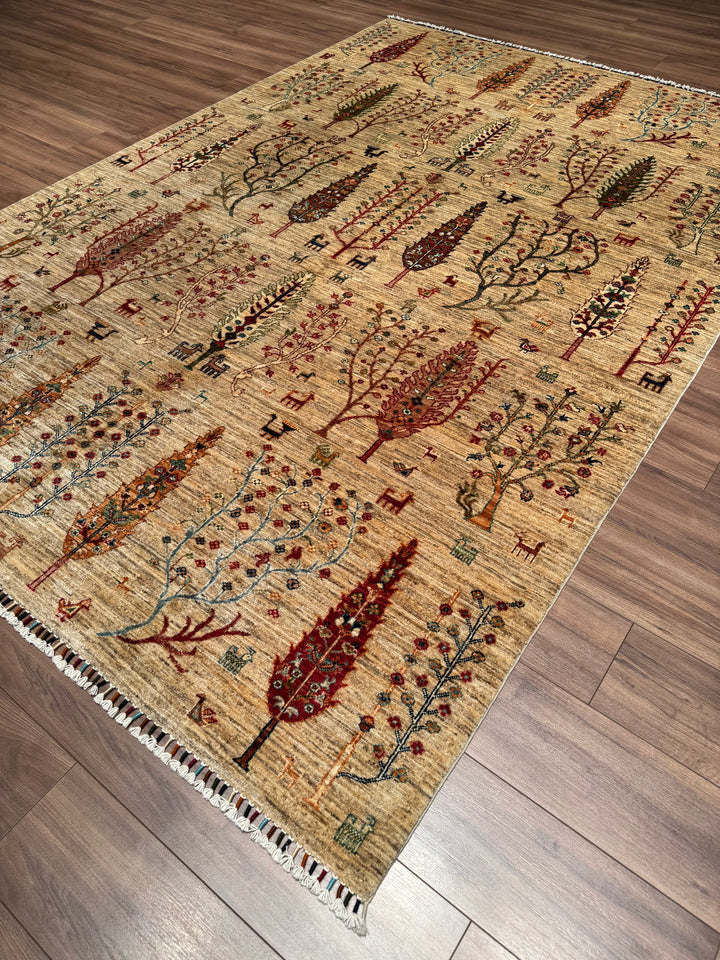 Sultani Hayat Ağacı Orijinal El Dokuması Bej Kök Boya Yün Halı 207x300 6.21 Metrekare - 8x10 ft