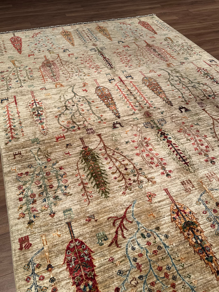 Sultani Hayat Ağacı Orijinal El Dokuması Bej Kök Boya Yün Halı 207x300 6.21 Metrekare - 8x10 ft