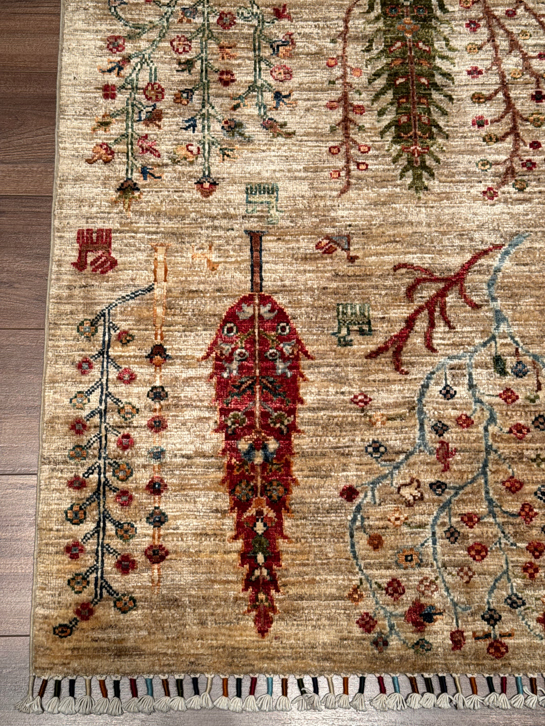 Sultani Hayat Ağacı Orijinal El Dokuması Bej Kök Boya Yün Halı 207x300 6.21 Metrekare - 8x10 ft