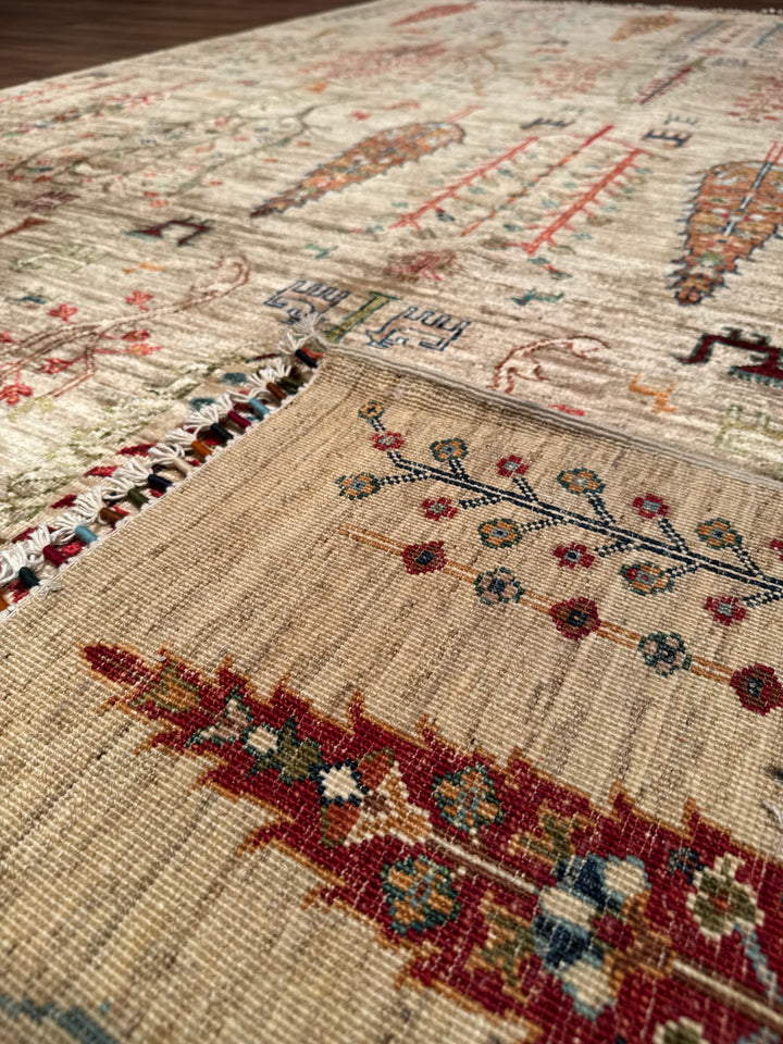 Sultani Hayat Ağacı Orijinal El Dokuması Bej Kök Boya Yün Halı 207x300 6.21 Metrekare - 8x10 ft