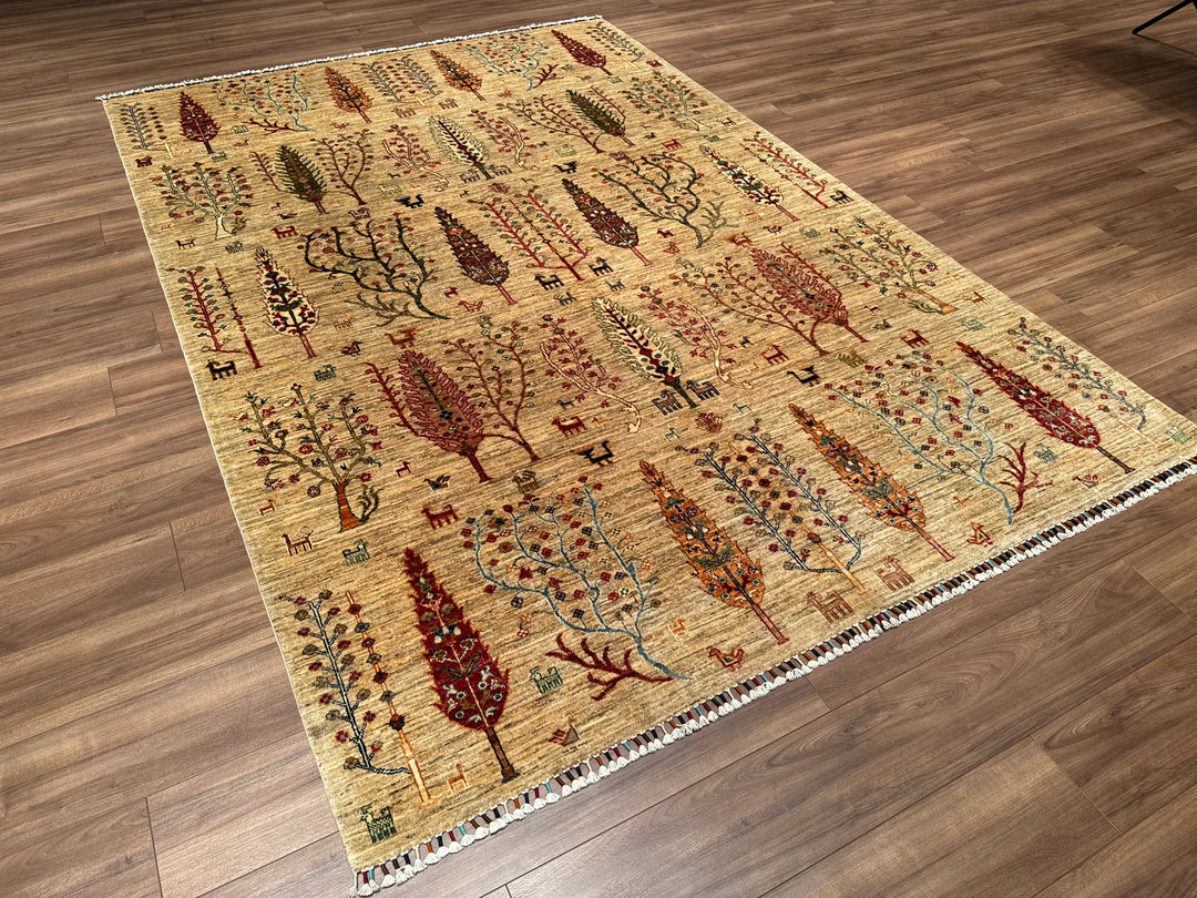 Sultani Hayat Ağacı Orijinal El Dokuması Bej Kök Boya Yün Halı 207x300 6.21 Metrekare - 8x10 ft