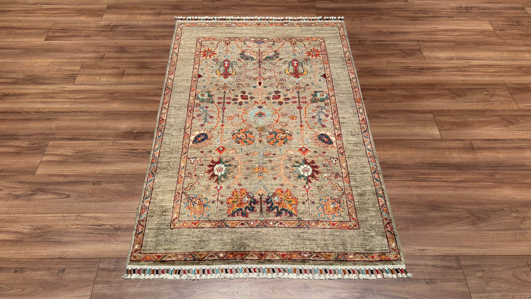 Sultani Çiçekli Orjinal El Dokuması Bej Kök Boya Yün Halı 105x157 1.65 Metrekare - 3x5 ft