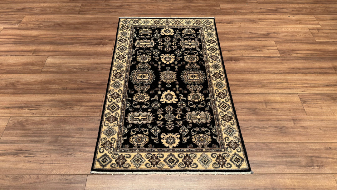 Uşak Original Hand Woven Beige Black Vegetable Dyed Wool Carpet 0.88x147 1.29 Square Meters - 3x5 ft