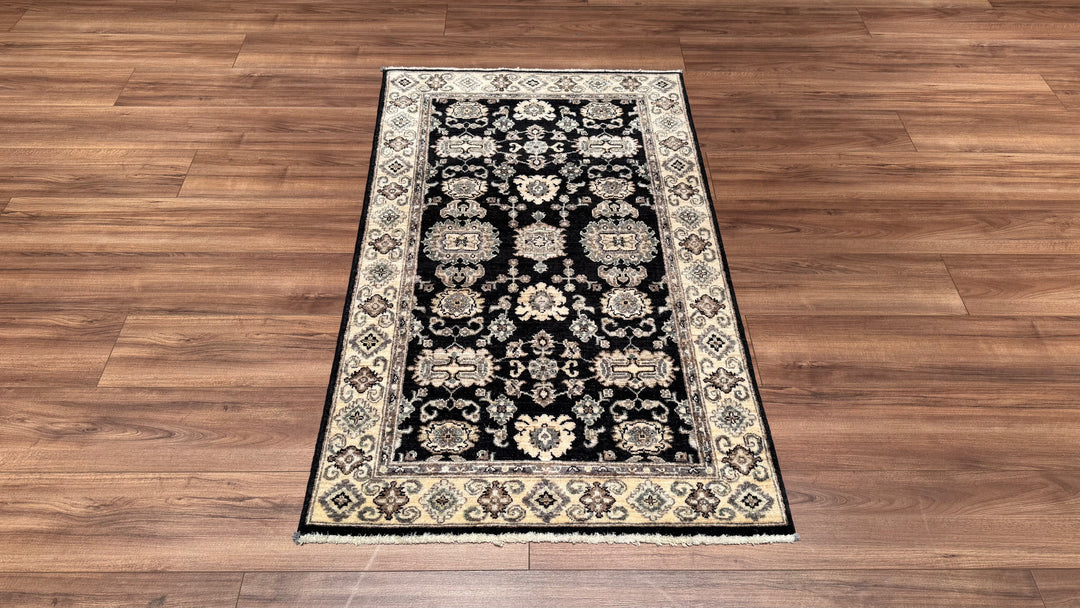 Uşak Original Hand Woven Beige Black Vegetable Dyed Wool Carpet 0.88x147 1.29 Square Meters - 3x5 ft