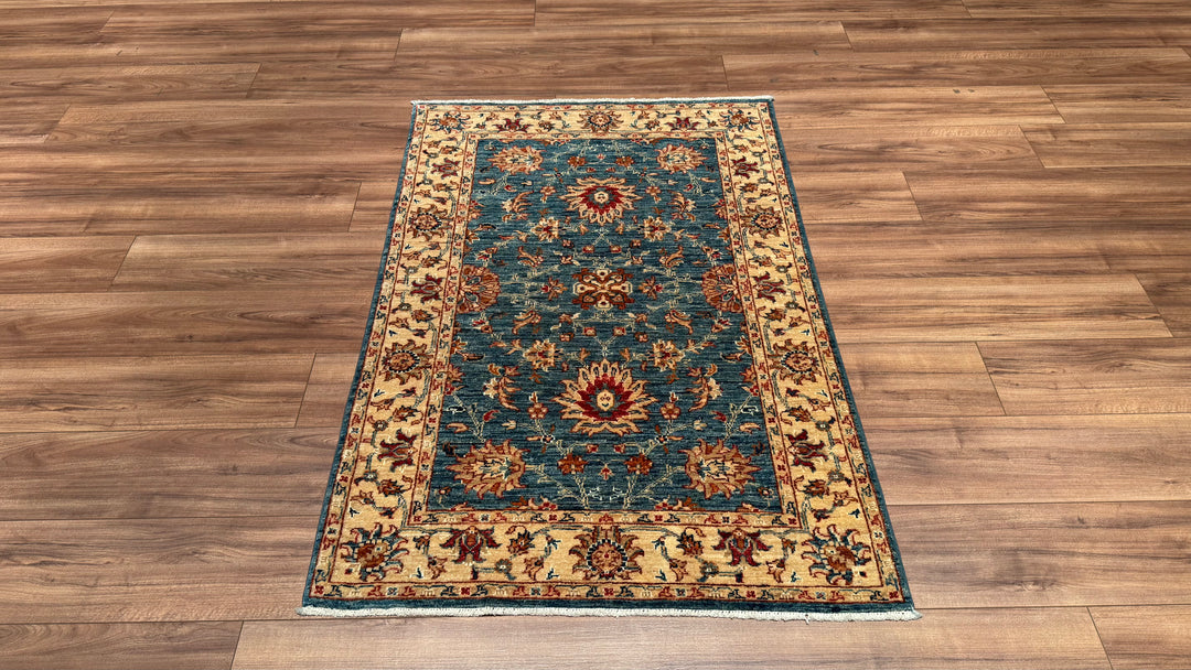 Uşak Original Hand Woven Cream Blue Vegetable Dyed Wool Carpet 0.99x149 1.48 Square Meters - 3x5 ft