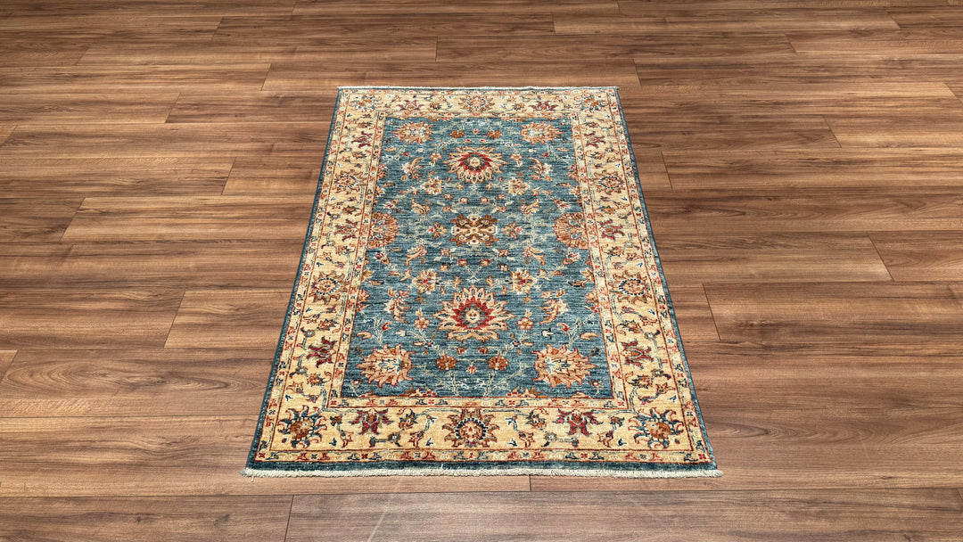 Uşak Original Hand Woven Cream Blue Vegetable Dyed Wool Carpet 0.99x149 1.48 Square Meters - 3x5 ft