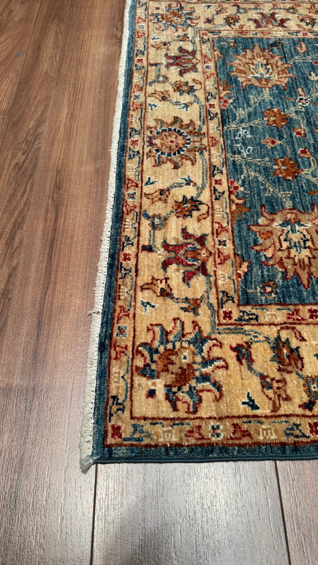 Uşak Original Hand Woven Cream Blue Vegetable Dyed Wool Carpet 0.99x149 1.48 Square Meters - 3x5 ft