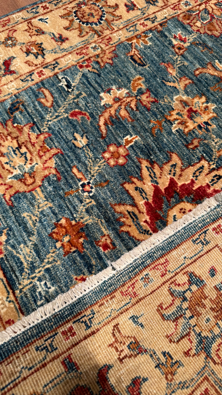 Uşak Original Hand Woven Cream Blue Vegetable Dyed Wool Carpet 0.99x149 1.48 Square Meters - 3x5 ft