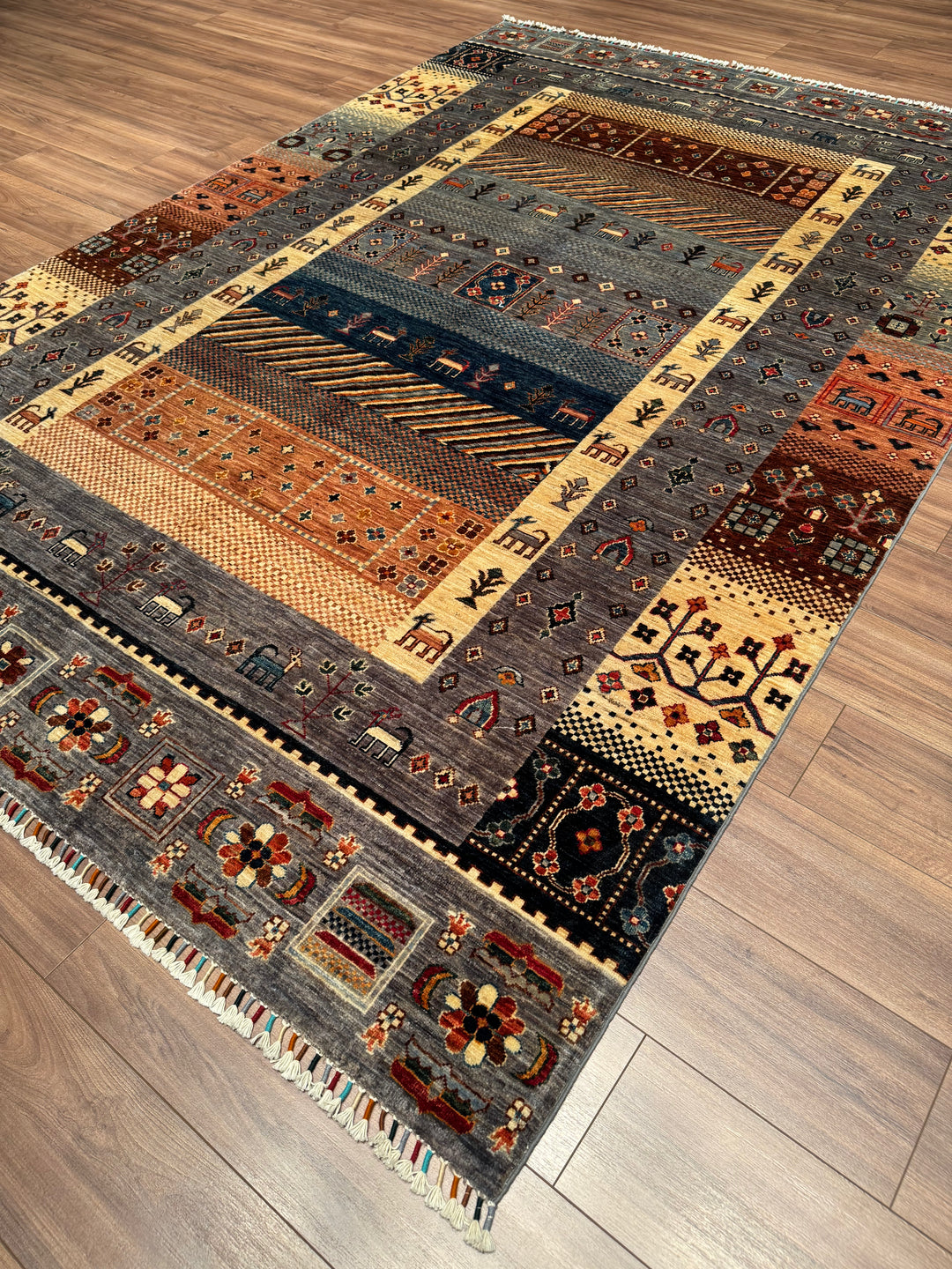 Khorjin Gabbe Desenli Orijinal El Dokuması Gri Kök Boya Yün Halı 207x299 6.19 Metrekare - 7x10 ft