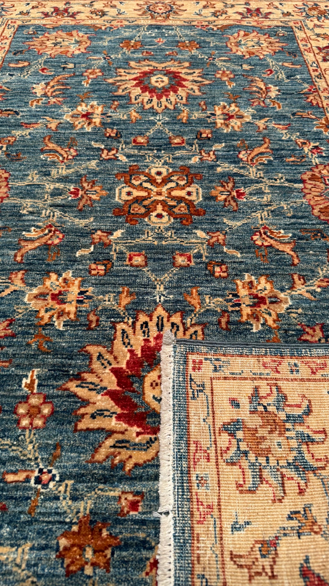 Uşak Original Hand Woven Cream Blue Vegetable Dyed Wool Carpet 0.99x149 1.48 Square Meters - 3x5 ft