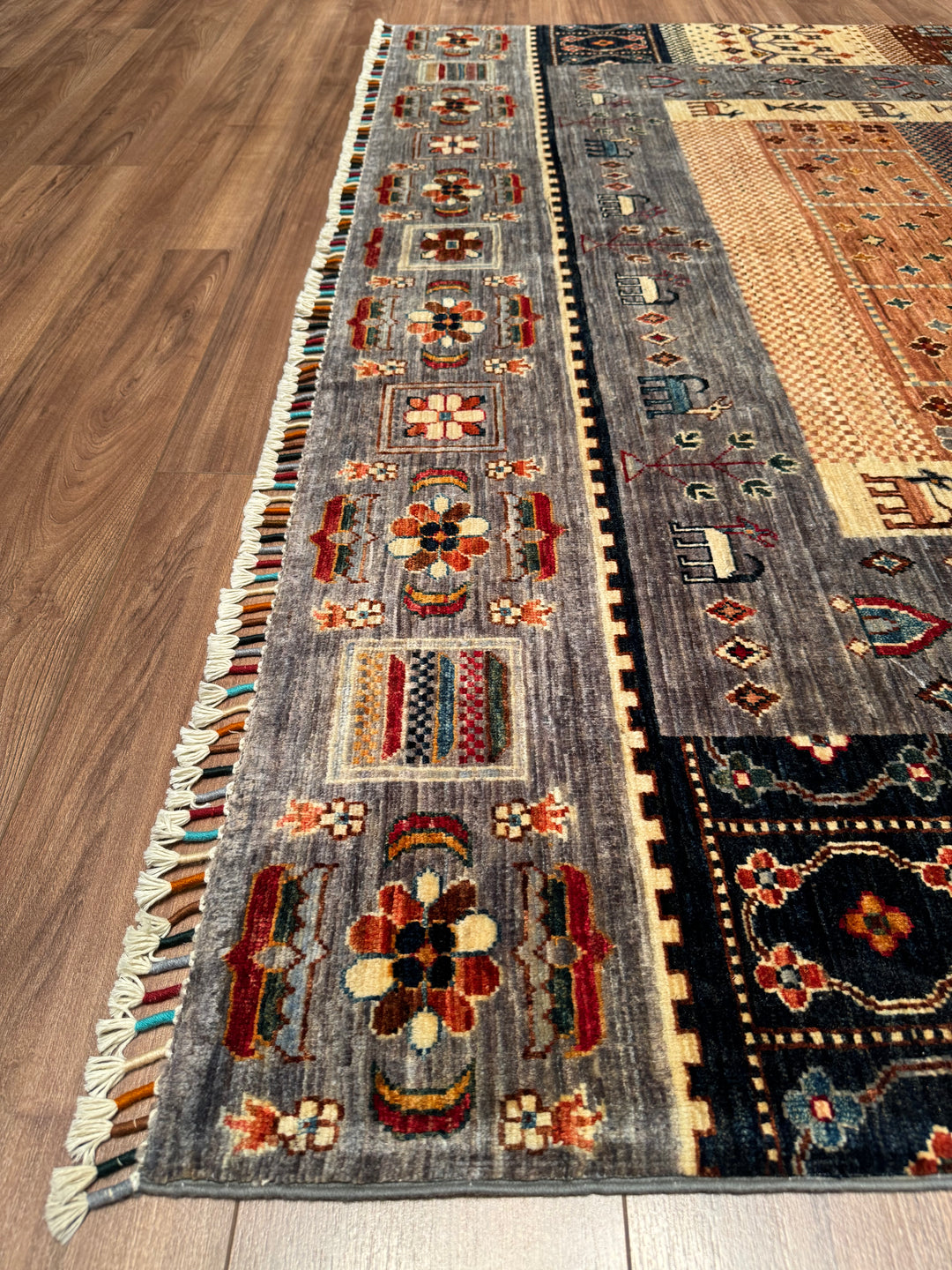 Khorjin Gabbe Desenli Orijinal El Dokuması Gri Kök Boya Yün Halı 207x299 6.19 Metrekare - 7x10 ft