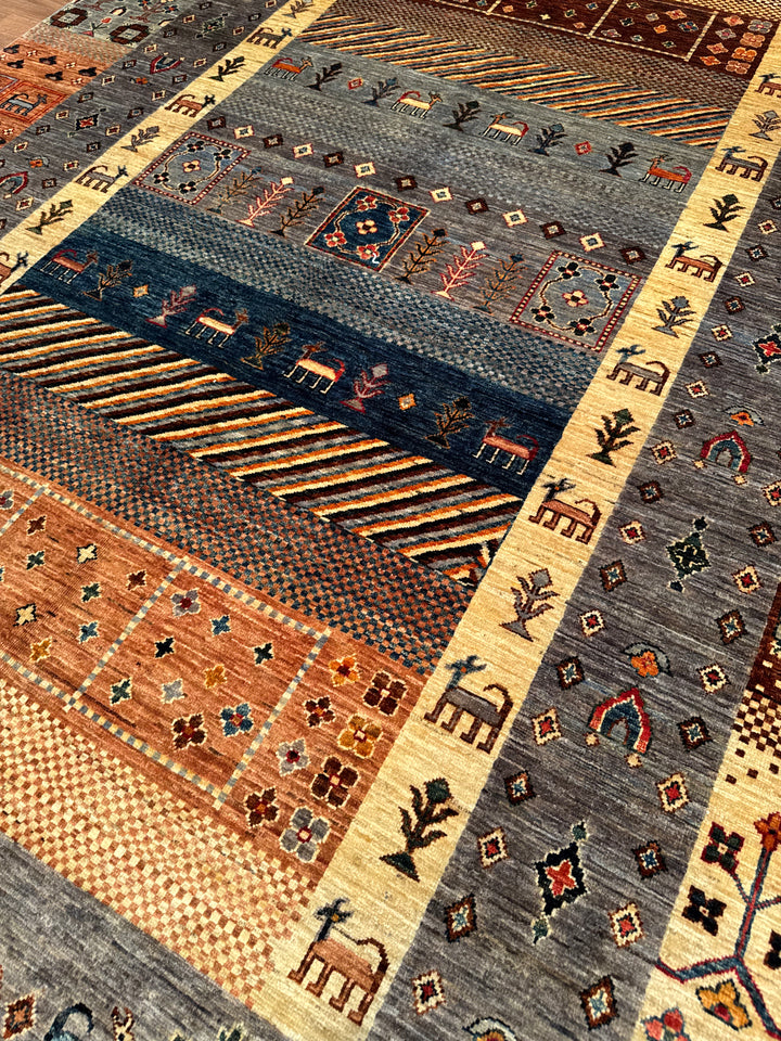 Khorjin Gabbe Desenli Orijinal El Dokuması Gri Kök Boya Yün Halı 207x299 6.19 Metrekare - 7x10 ft