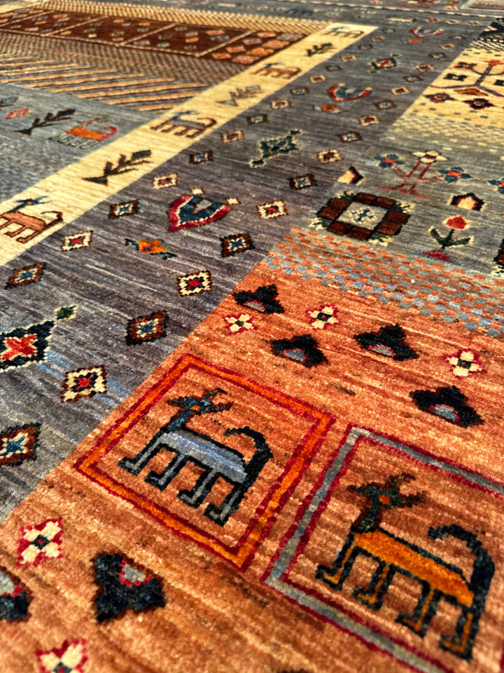 Khorjin Gabbe Desenli Orijinal El Dokuması Gri Kök Boya Yün Halı 207x299 6.19 Metrekare - 7x10 ft