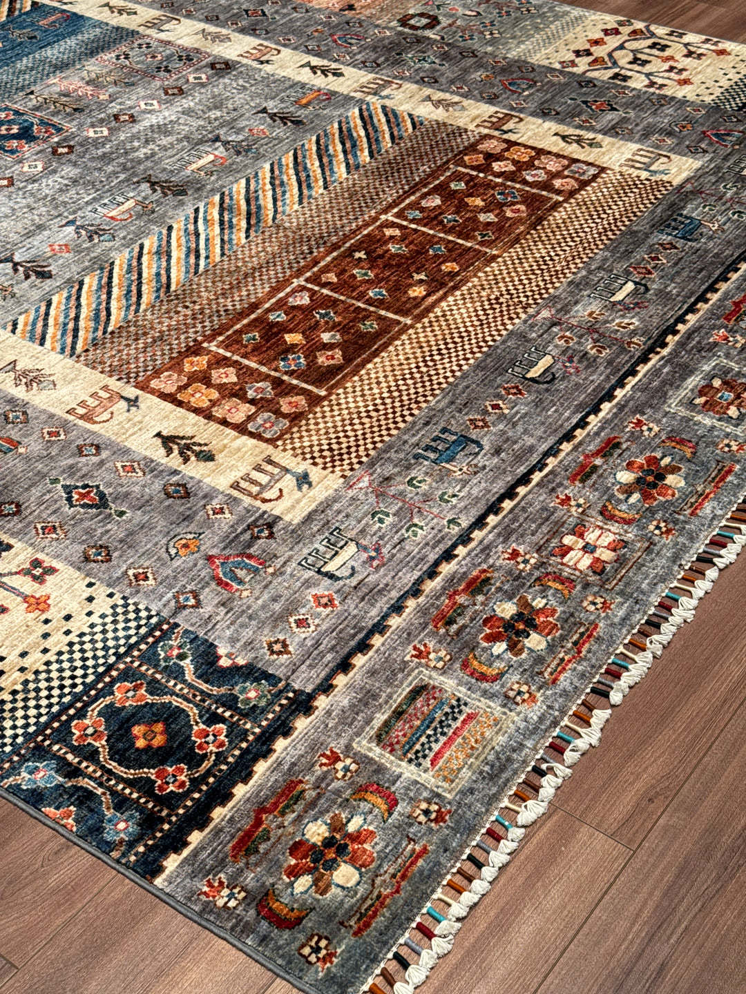 Khorjin Gabbe Desenli Orijinal El Dokuması Gri Kök Boya Yün Halı 207x299 6.19 Metrekare - 7x10 ft