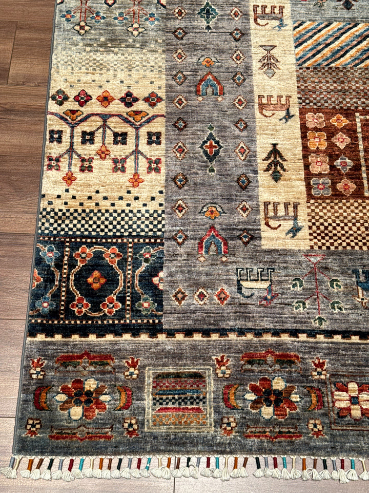 Khorjin Gabbe Desenli Orijinal El Dokuması Gri Kök Boya Yün Halı 207x299 6.19 Metrekare - 7x10 ft