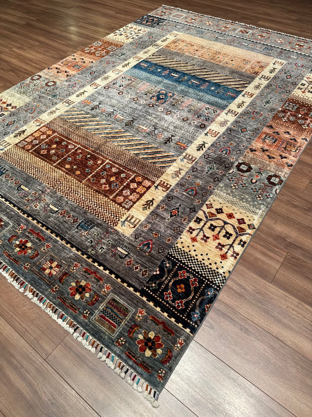 Khorjin Gabbe Desenli Orijinal El Dokuması Gri Kök Boya Yün Halı 207x299 6.19 Metrekare - 7x10 ft