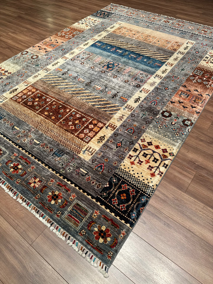 Khorjin Gabbe Desenli Orijinal El Dokuması Gri Kök Boya Yün Halı 207x299 6.19 Metrekare - 7x10 ft