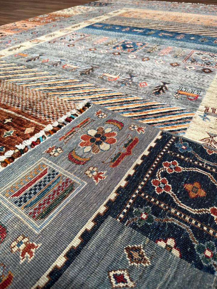 Khorjin Gabbe Desenli Orijinal El Dokuması Gri Kök Boya Yün Halı 207x299 6.19 Metrekare - 7x10 ft