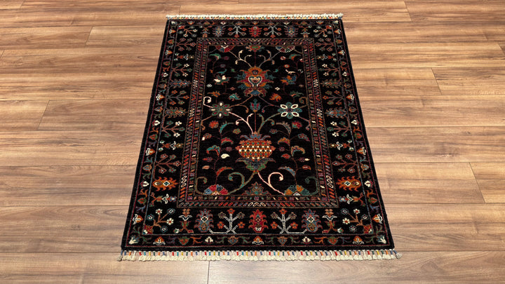 Sultani Floral Original Hand Woven Black Vegetable Dyed Wool Carpet 103x138 1.42 Square Meters - 3x5 ft