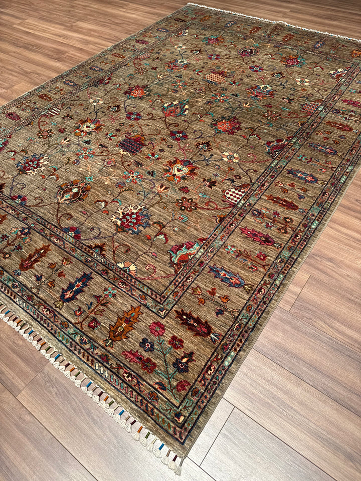 سجادة سلطاني بينبيرجيسي الأصلية المصنوعة يدويًا من الصوف بلون البيج المصبوغ بالجذور 205 × 289، 5.92 متر مربع - 7 × 10 قدم 