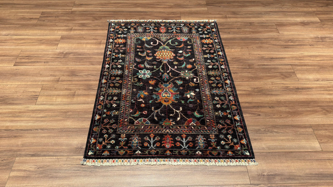 Sultani Floral Original Hand Woven Black Vegetable Dyed Wool Carpet 103x138 1.42 Square Meters - 3x5 ft