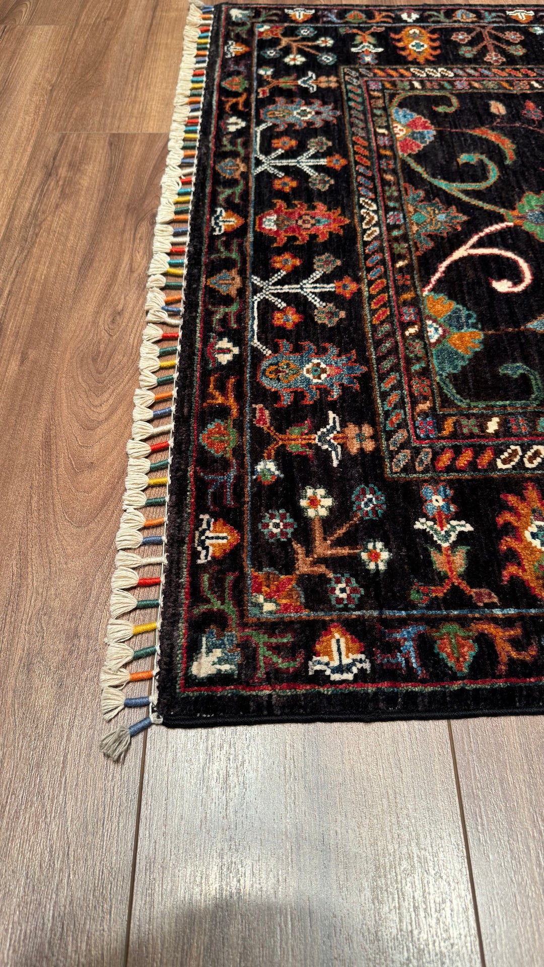 Sultani Floral Original Hand Woven Black Vegetable Dyed Wool Carpet 103x138 1.42 Square Meters - 3x5 ft