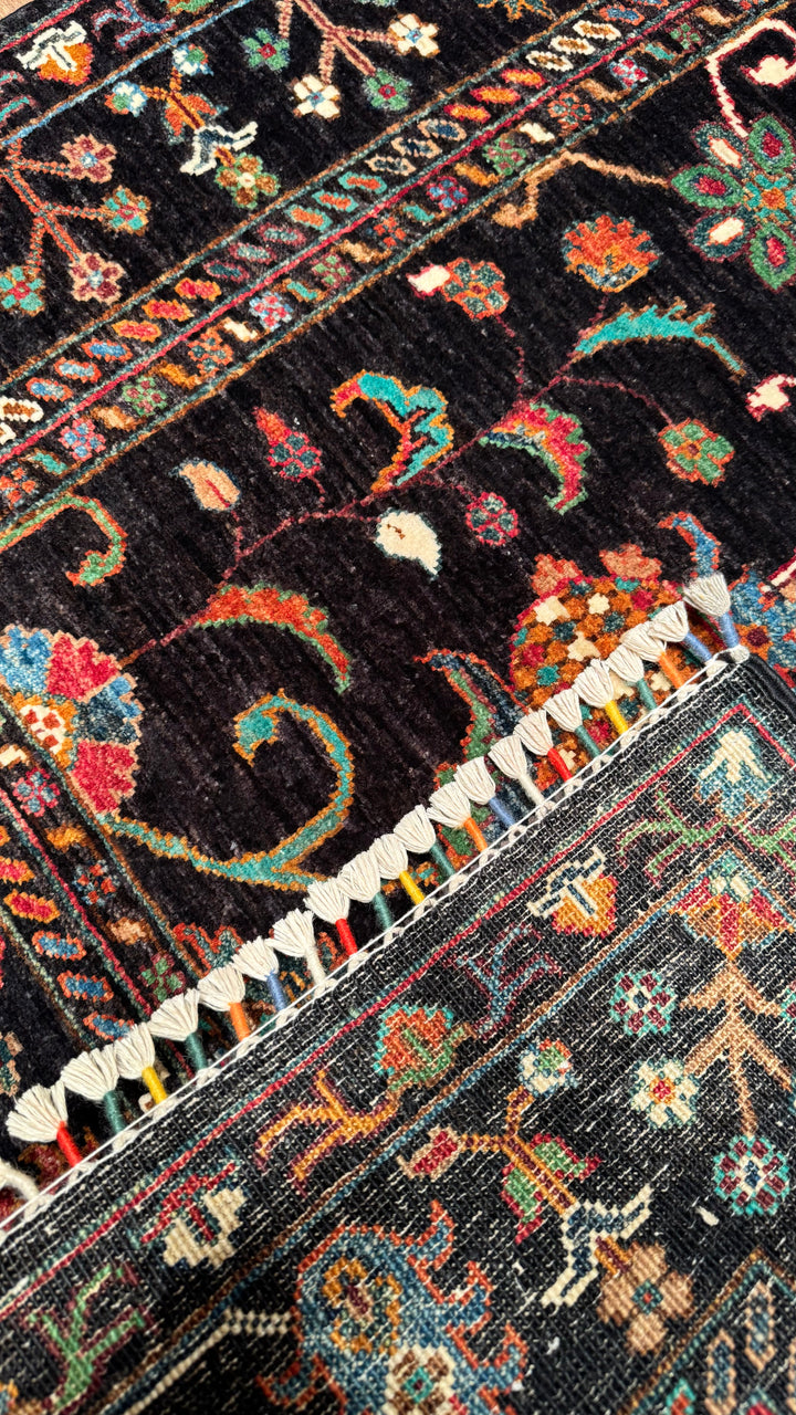 Sultani Floral Original Hand Woven Black Vegetable Dyed Wool Carpet 103x138 1.42 Square Meters - 3x5 ft