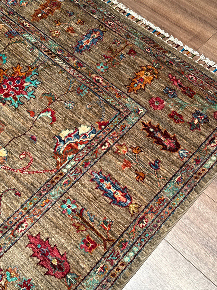 سجادة سلطاني بينبيرجيسي الأصلية المصنوعة يدويًا من الصوف بلون البيج المصبوغ بالجذور 205 × 289، 5.92 متر مربع - 7 × 10 قدم 