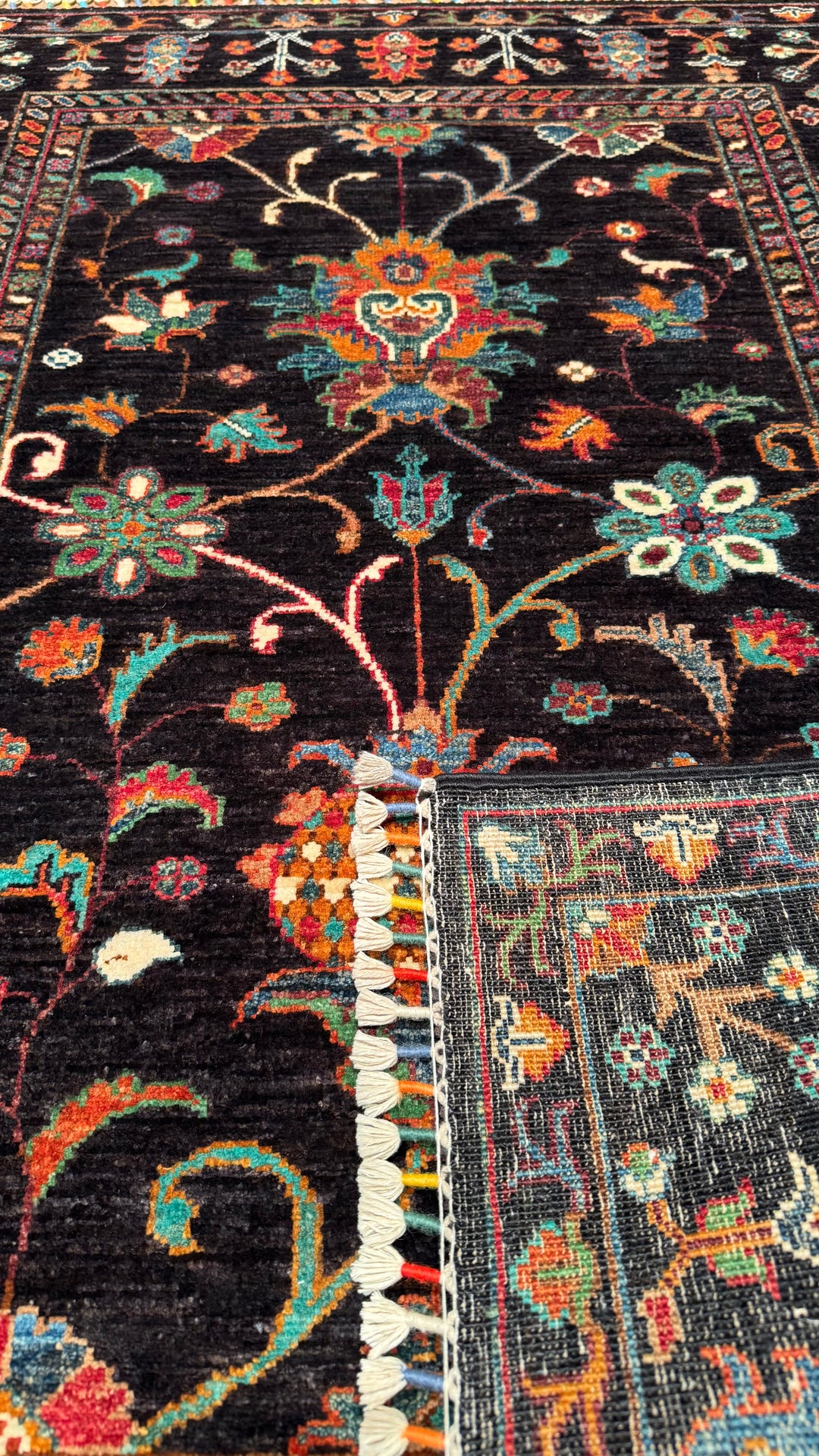 Sultani Floral Original Hand Woven Black Vegetable Dyed Wool Carpet 103x138 1.42 Square Meters - 3x5 ft