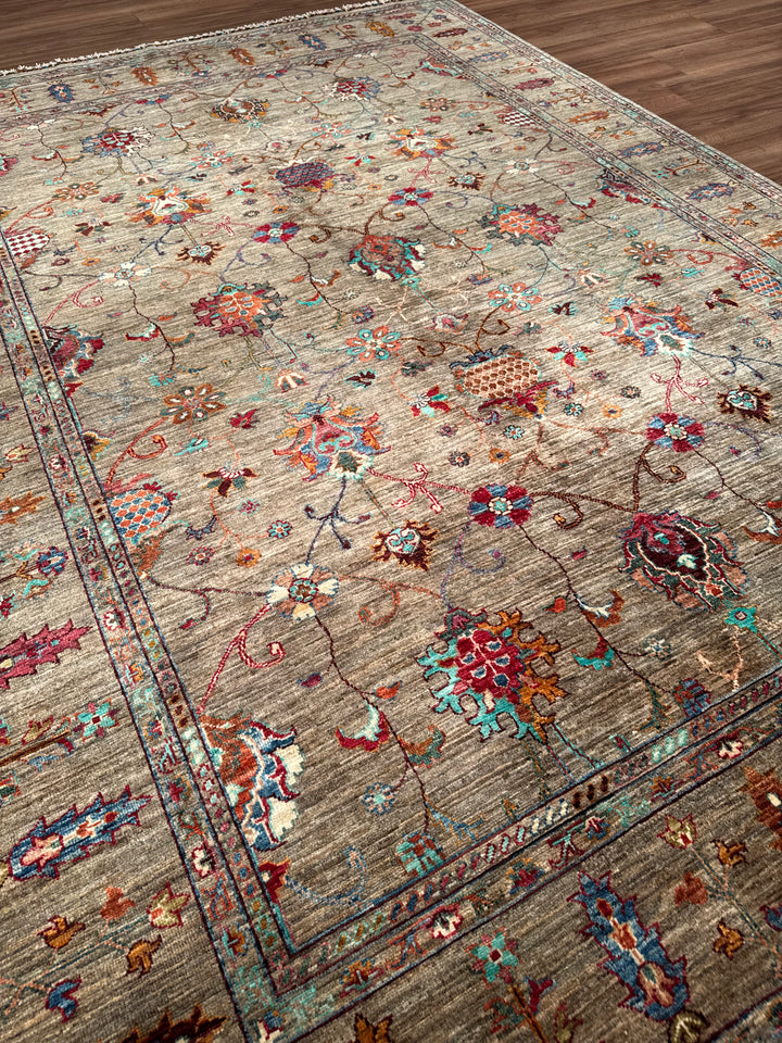 سجادة سلطاني بينبيرجيسي الأصلية المصنوعة يدويًا من الصوف بلون البيج المصبوغ بالجذور 205 × 289، 5.92 متر مربع - 7 × 10 قدم 