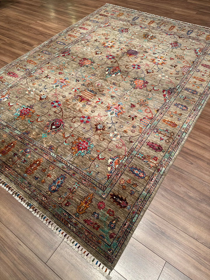 سجادة سلطاني بينبيرجيسي الأصلية المصنوعة يدويًا من الصوف بلون البيج المصبوغ بالجذور 205 × 289، 5.92 متر مربع - 7 × 10 قدم 