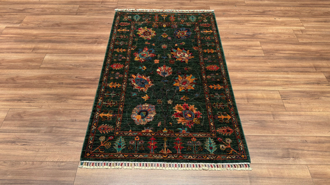 Sultani Çiçekli Orjinal El Dokuması Yeşil Kök Boya Yün Halı 102x160 1.63 Metrekare - 3x5 ft