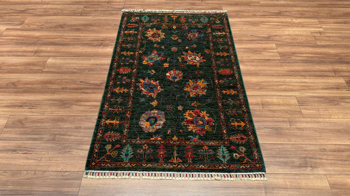 Sultani Floral Original Hand Woven Green Vegetable Dyed Wool Carpet 102x160 1.63 Square Meters - 3x5 ft