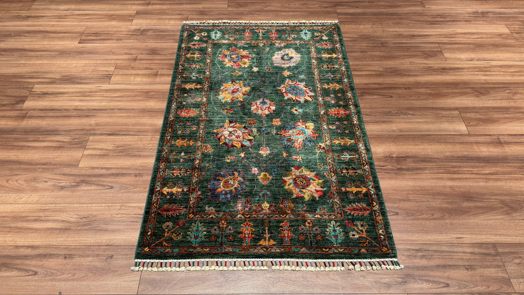 Sultani Çiçekli Orjinal El Dokuması Yeşil Kök Boya Yün Halı 102x160 1.63 Metrekare - 3x5 ft