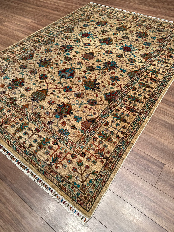 Sultani Binbirgece Orijinal El Dokuması Bej Kök Boya Yün Halı 207x288 5.96 Metrekare - 7x10 ft