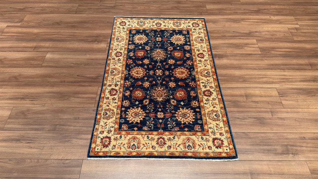 Uşak Original Hand Woven Cream Blue Vegetable Dyed Wool Carpet 0.92x148 1.36 Square Meters - 3x5 ft