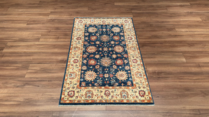 Uşak Original Hand Woven Cream Blue Vegetable Dyed Wool Carpet 0.92x148 1.36 Square Meters - 3x5 ft