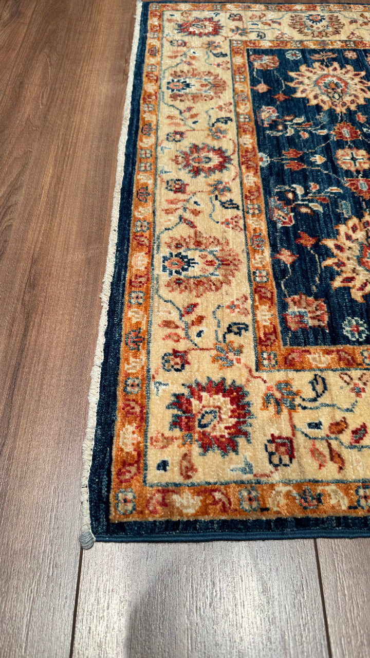 Uşak Original Hand Woven Cream Blue Vegetable Dyed Wool Carpet 0.92x148 1.36 Square Meters - 3x5 ft