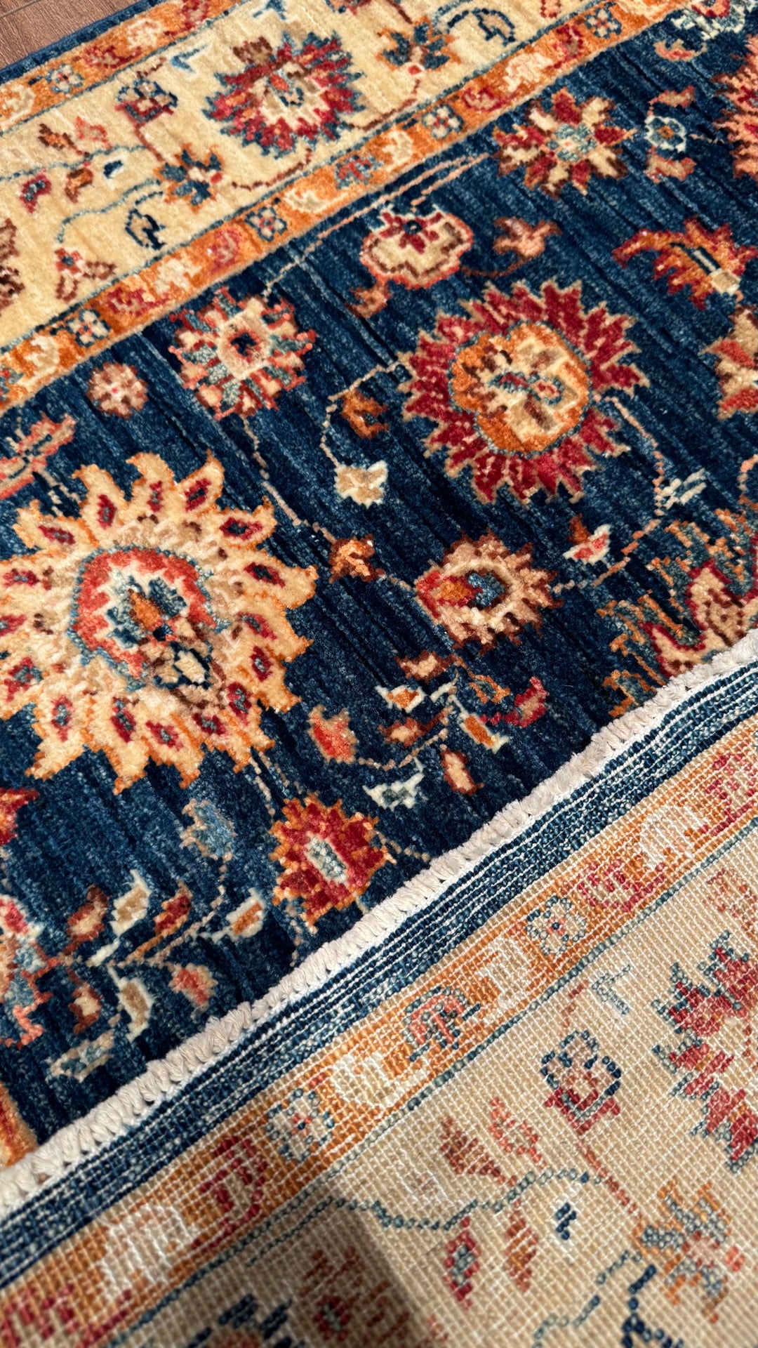 Uşak Original Hand Woven Cream Blue Vegetable Dyed Wool Carpet 0.92x148 1.36 Square Meters - 3x5 ft