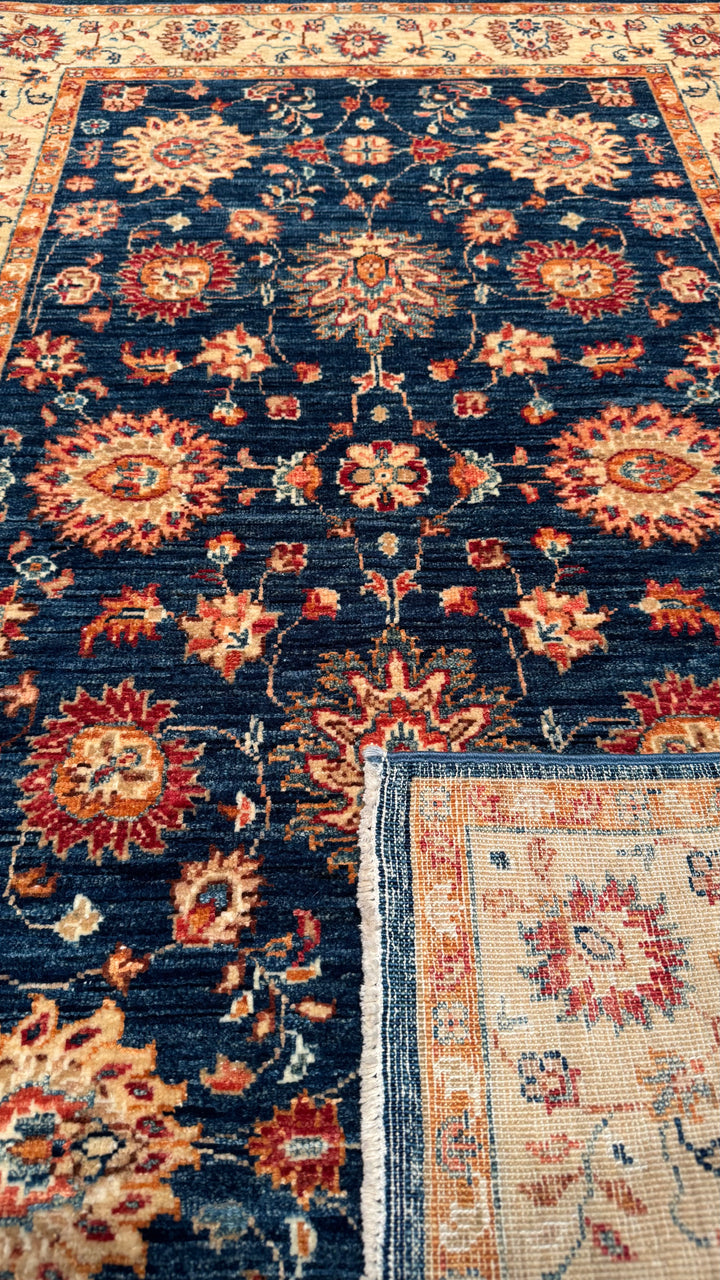 Uşak Original Hand Woven Cream Blue Vegetable Dyed Wool Carpet 0.92x148 1.36 Square Meters - 3x5 ft