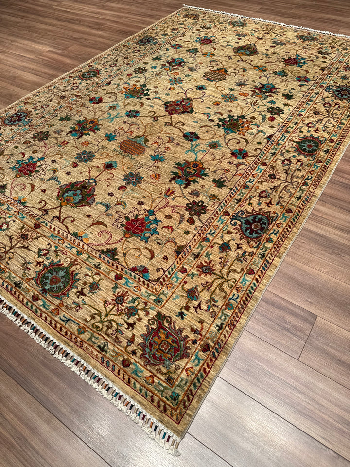 سجادة سلطاني بينبيرجيسي الأصلية المصنوعة يدويًا من الصوف بلون البيج المصبوغ بالجذور 203 × 309، 6.27 متر مربع - 7 × 10 قدم 