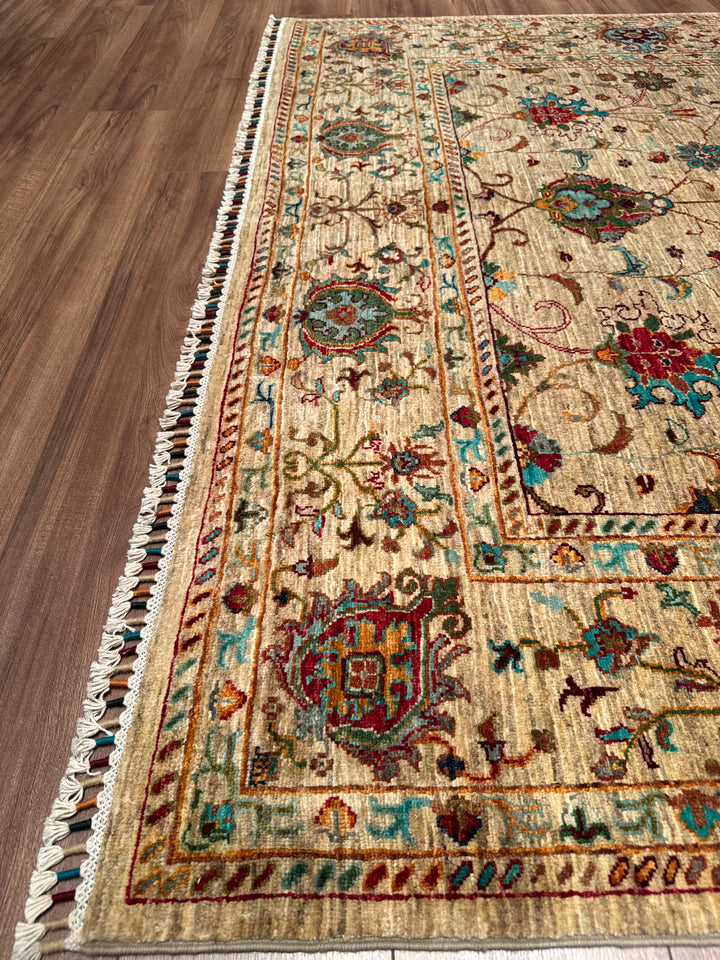 سجادة سلطاني بينبيرجيسي الأصلية المصنوعة يدويًا من الصوف بلون البيج المصبوغ بالجذور 203 × 309، 6.27 متر مربع - 7 × 10 قدم 