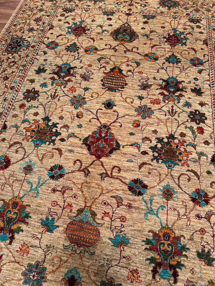 سجادة سلطاني بينبيرجيسي الأصلية المصنوعة يدويًا من الصوف بلون البيج المصبوغ بالجذور 203 × 309، 6.27 متر مربع - 7 × 10 قدم 