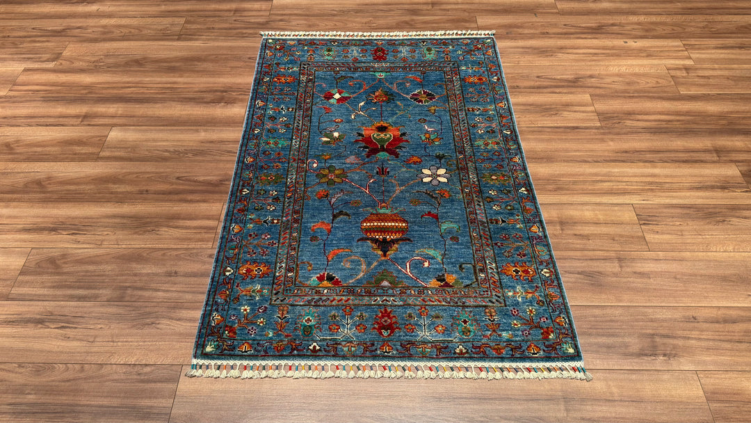 Sultani Çiçekli Orjinal El Dokuması Mavi Kök Boya Yün Halı 104x153 1.59 Metrekare - 3x5 ft