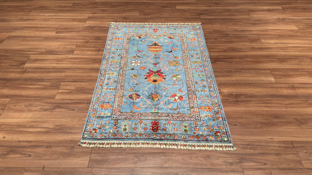 Sultani Çiçekli Orjinal El Dokuması Mavi Kök Boya Yün Halı 104x153 1.59 Metrekare - 3x5 ft