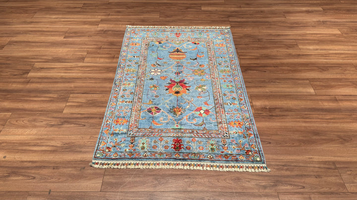 Sultani Floral Original Hand Woven Blue Vegetable Dyed Wool Carpet 104x153 1.59 Square Meters - 3x5 ft