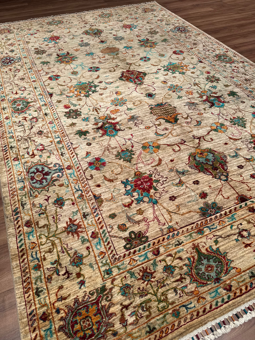 سجادة سلطاني بينبيرجيسي الأصلية المصنوعة يدويًا من الصوف بلون البيج المصبوغ بالجذور 203 × 309، 6.27 متر مربع - 7 × 10 قدم 