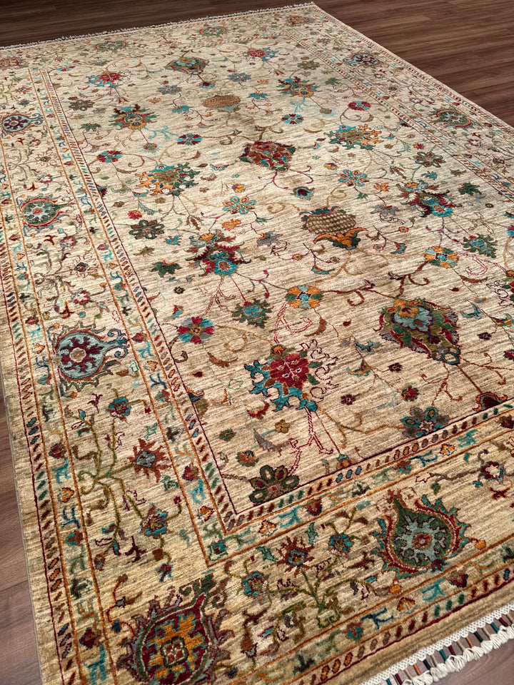 سجادة سلطاني بينبيرجيسي الأصلية المصنوعة يدويًا من الصوف بلون البيج المصبوغ بالجذور 203 × 309، 6.27 متر مربع - 7 × 10 قدم 