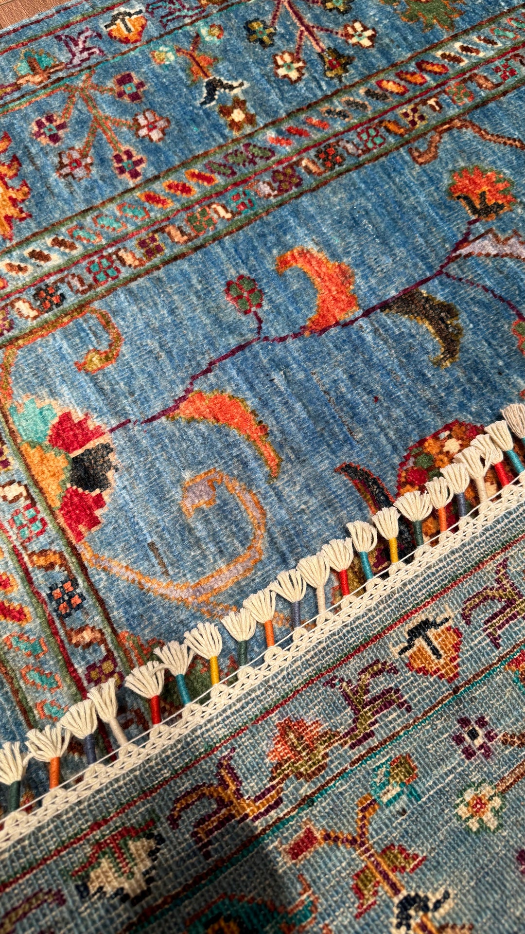 Sultani Floral Original Hand Woven Blue Vegetable Dyed Wool Carpet 104x153 1.59 Square Meters - 3x5 ft